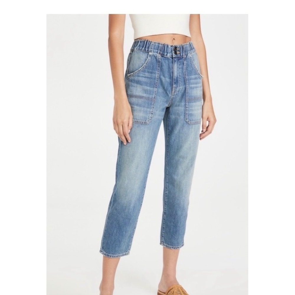 Veronica Beard Arya Straight High Rise Jeans Blue Elastic Waist Utility Pants 24